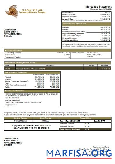 Printable Ethiopia Commercial Bank mortgage statement scr real example